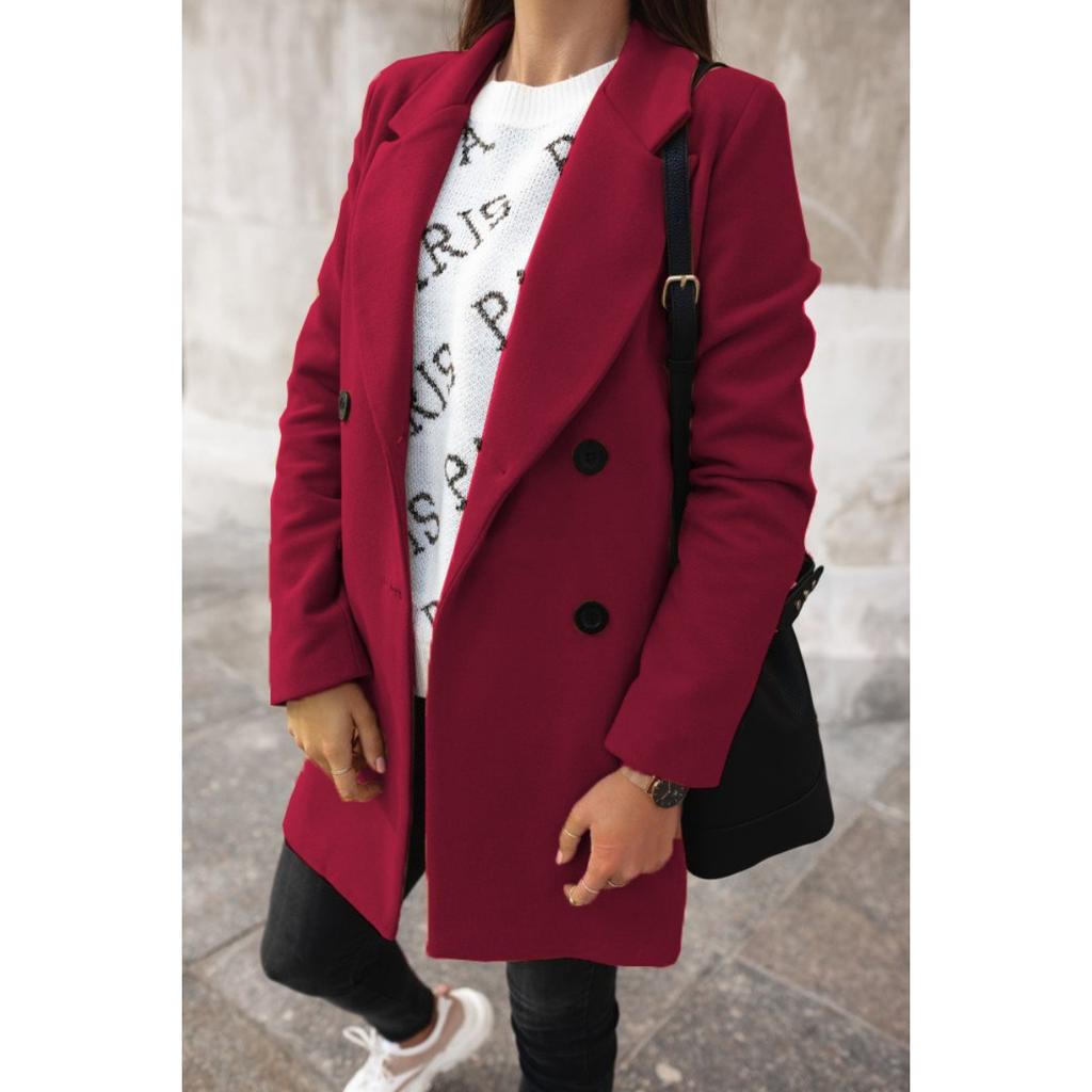 women's Double Breasted Notched Lapel Long Sleeve Mid Length Wool Blend Coat Casual Solid Color Overcoat