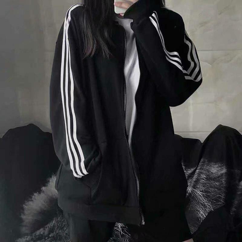 Spring/Summer Women's Sports Baseball Jacket - Korean Style, Thin, Loose, Black, Three-Bar Design, Ideal for Students, Trendy.