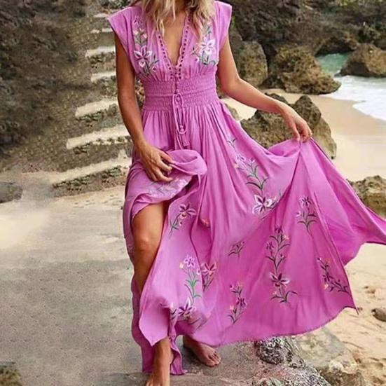 Women Dress Floral Print Lace-up Summer Bohemian Vintage Maxi Dress for Beach