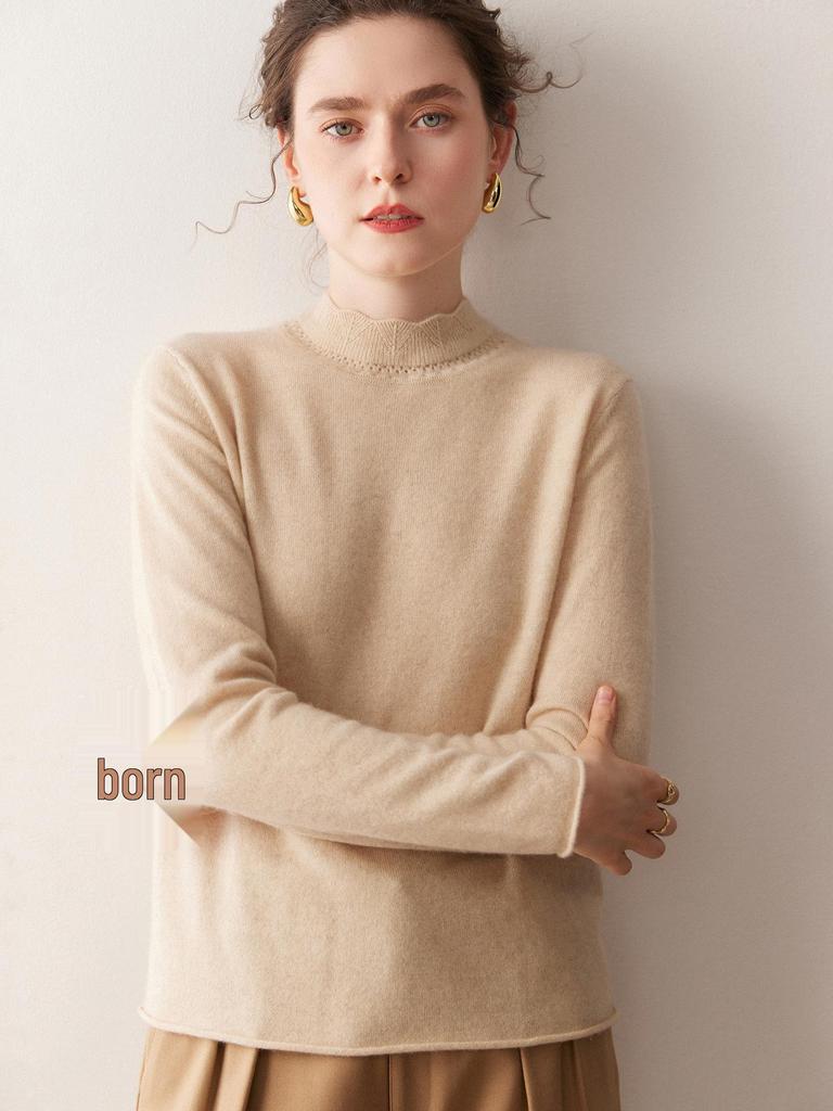 2025 Fall/Winter Women's Versatile Solid Color Cashmere Knit Sweater - Long Sleeve Base Layer