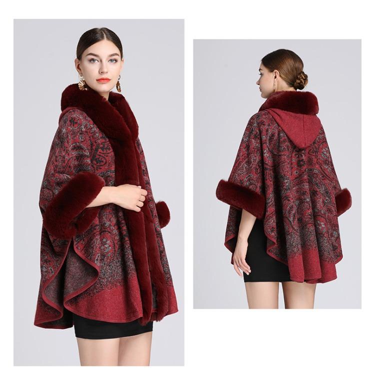 GMXIA Autumn and Winter Imitation Rex Rabbit Fur Collar Jacquard Shawl Cape Plus-size Woolen Coat Cardigan for Women