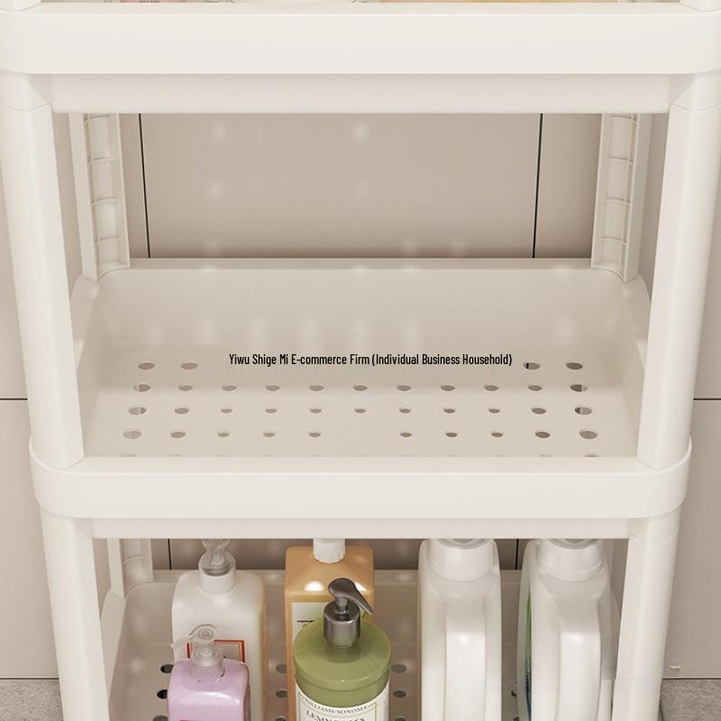 Vícepatrový koupelnový úložný vozík na kosmetiku a svačiny, stojící na podlaze