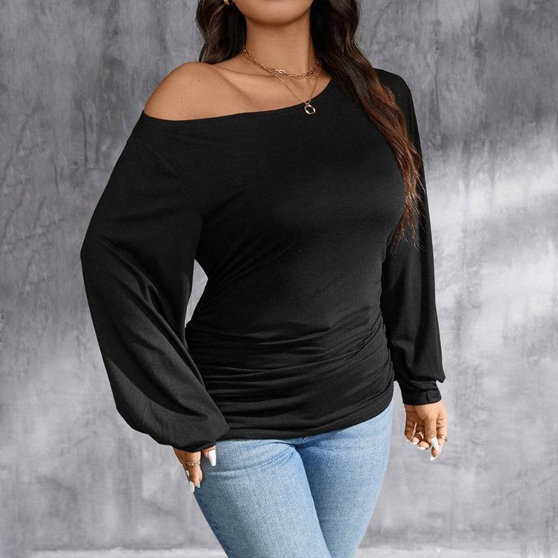 Plus Size Women Solid Color Slanted Collar Off Shoulder Slim Fit Long Sleeve T Shirt Top