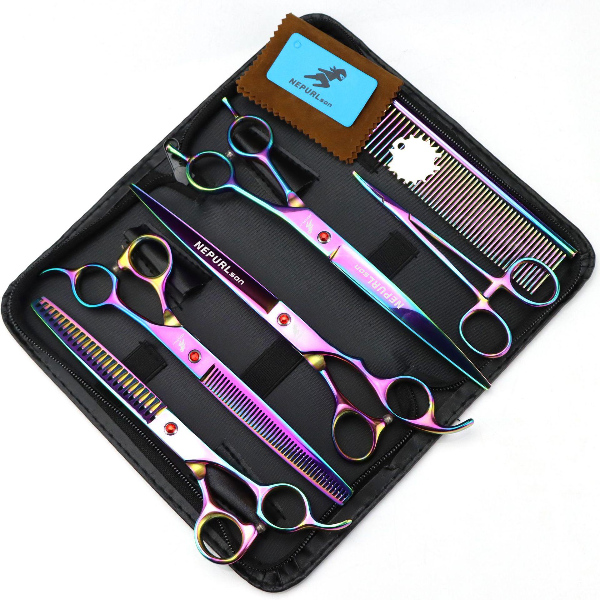 Napsun 8 Electroplated 4-Piece Pet Grooming Shears Set: Straight & Curved Shears
