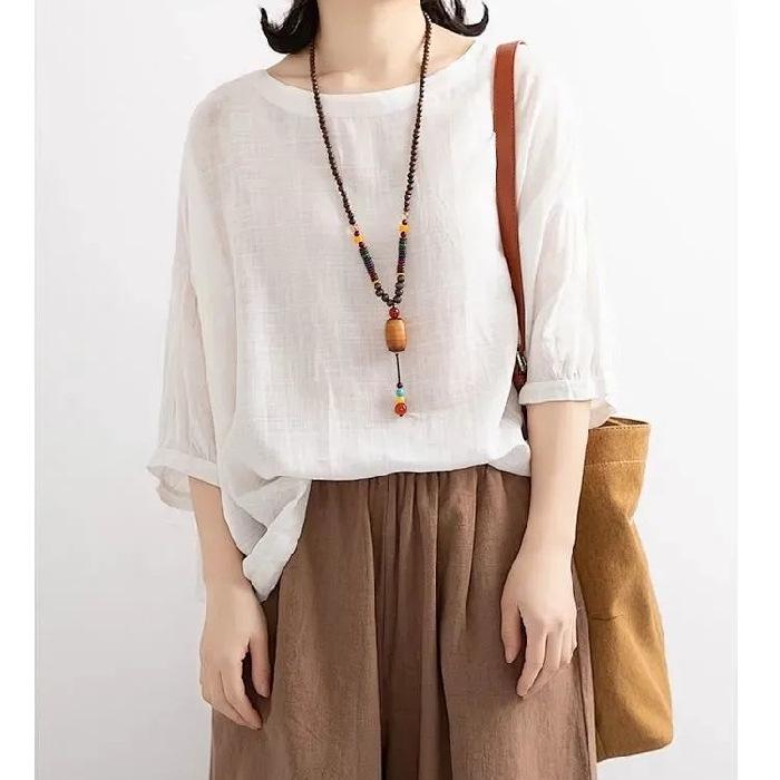 Women's Plus Size Batwing Sleeve Drawstring Hem T-shirt - Casual Round Neck Mid Sleeve, Summer 2024