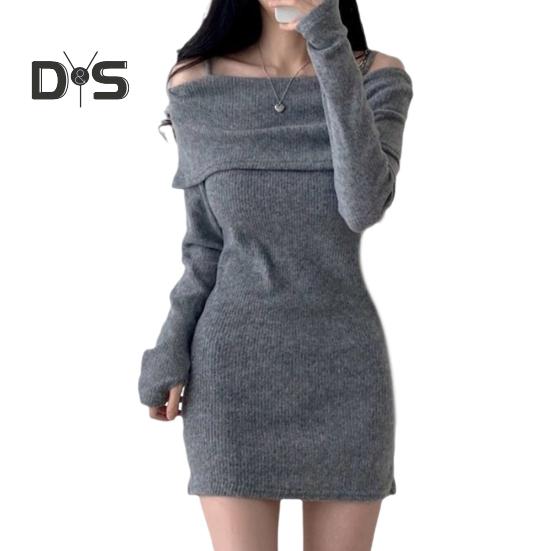 Women Knitting Tops Off Shoulder Long Sleeve Solid Color Slim Fit Pullover Tops Sexy Ribbed Long Blouse