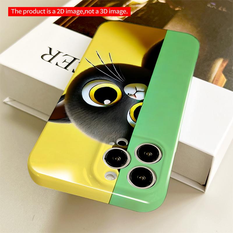 2DFlat Curious Black Cat Peeking Behind Green Wall All inclusive film hard iPhone case, compatible with iPhone 18 Pro Max 17 16 15 14 13 12 11