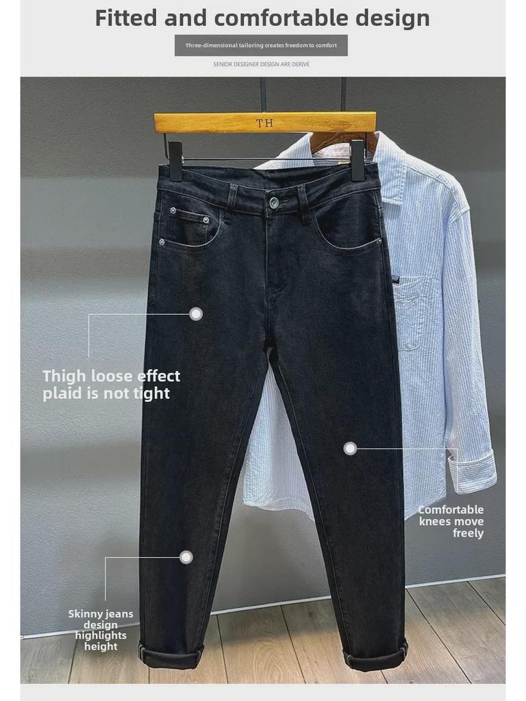 Men's Slim Fit Elastic Embossed Jeans - Black European Autumn/Winter Collection