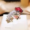 Exquisite Simple Square Red Zircon  Sterling Silver Open Rings for Woman Personality  Wedding Party Girls' Luxury Ring