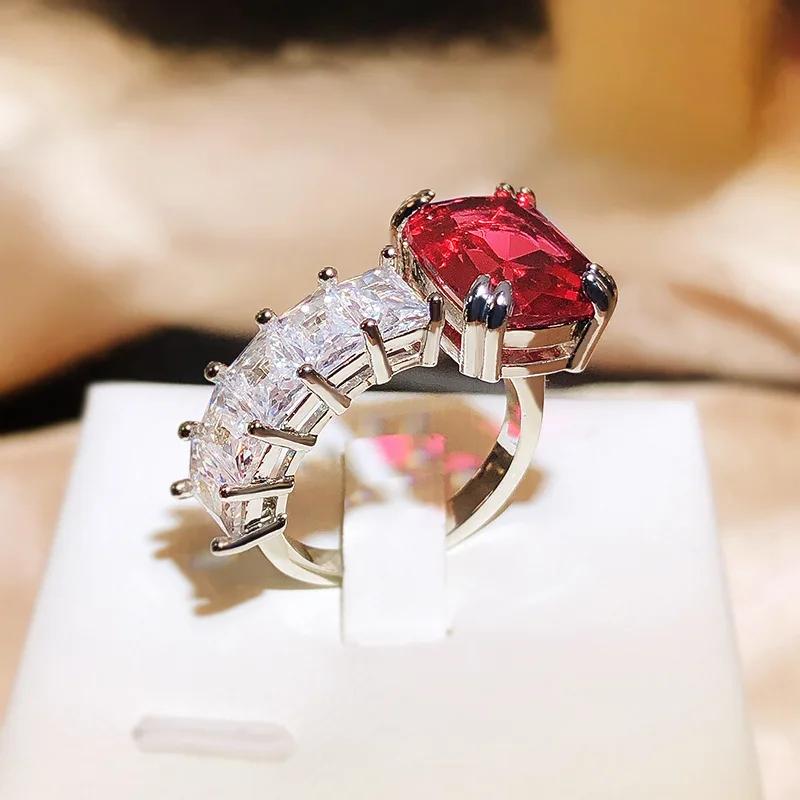 Exquisite Simple Square Red Zircon Sterling Silver Open Rings for Woman Personality Wedding Party Girls' Luxury Ring