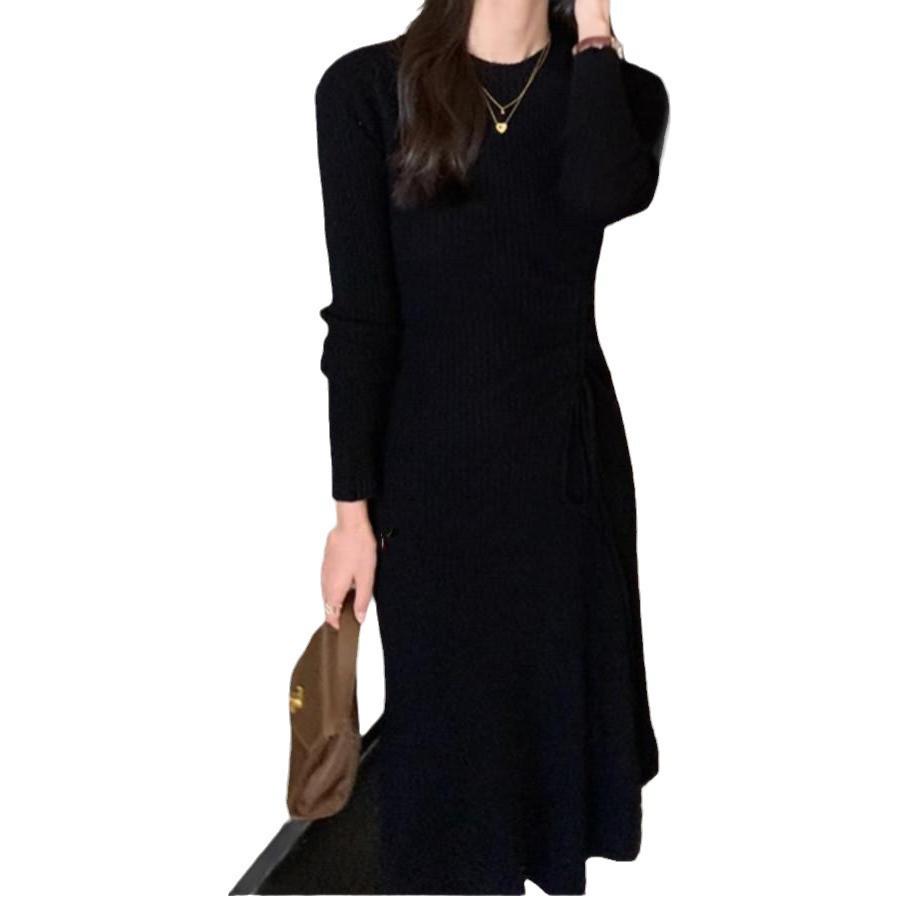 2024 Hepburn Style French Knit Dress with Drawstring Waist and Sweater Coat - Women's Autumn/Winter Fashion