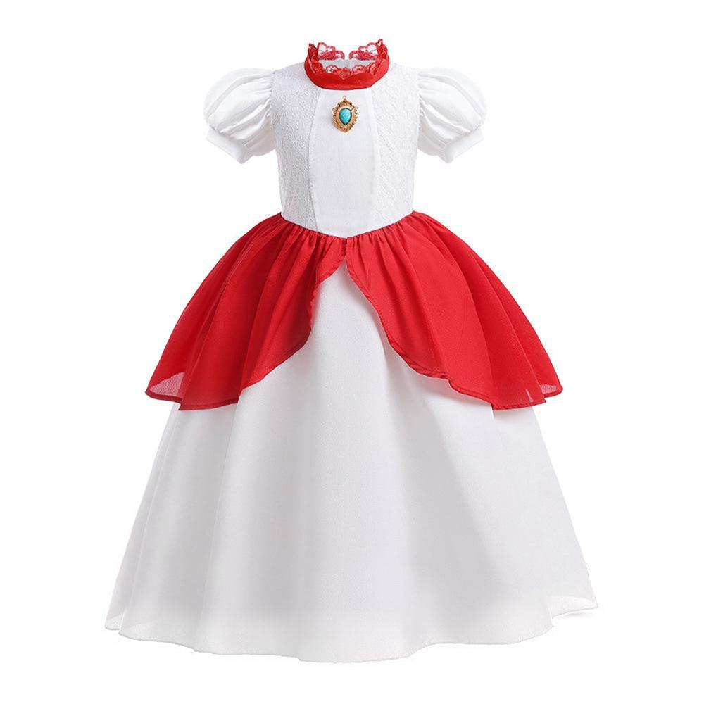 

Girls Princess Peach Cosplay Dress - Formal Patchwork Puff Sleeve Skirt 120 cm