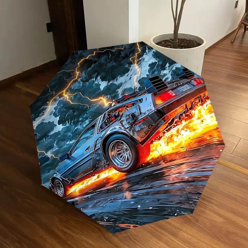 Time-Traveling Flames: The Ultimate Back to the Future Car-Themed Umbrella with Automatic Opening, Foldable Design, 8-Bone Frame, Outdoor Us