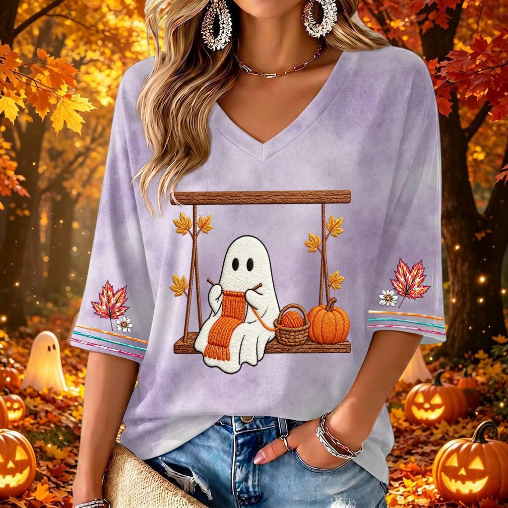 Women's Casual V-Neck Three-Quarter Sleeve Top with Halloween Print