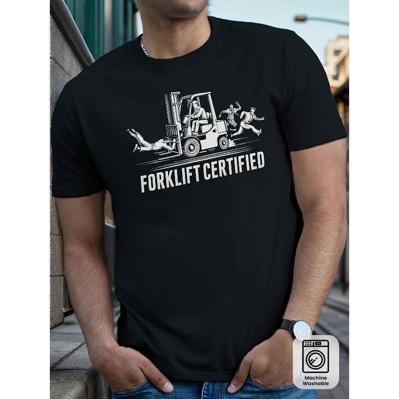 Print Man Heren Heftruck T-shirt - Robuuste Industri&euml;le Werkkleding met Logo in Badge-Stijl En Heftruck Ontwerp, Ademende Ronde Hals, Comfortabel voor Alle Seizoenen 3XL zwart