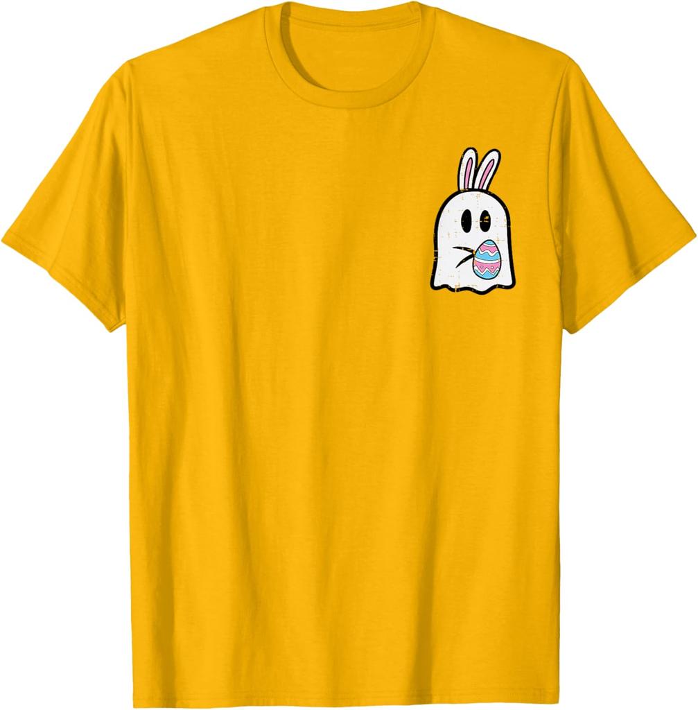 Easter Ghost Bunny Pocket Funny Egg Graphic Tee Soft Cotton Casual T-Shirt for Men Women