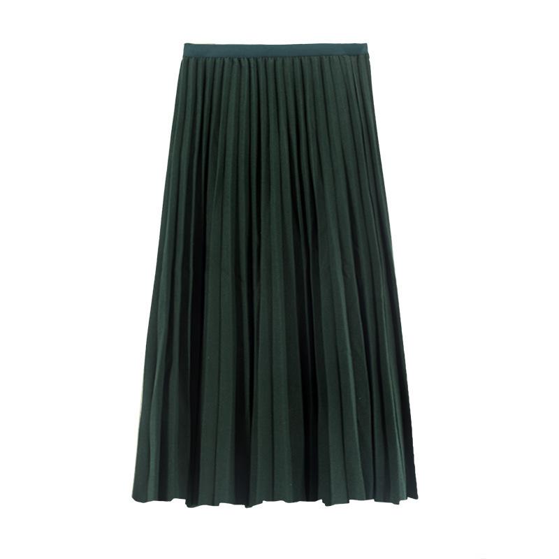 Model real autumn and winter pleated skirt medium and long skirt solid color A-shaped skirt elastic waist