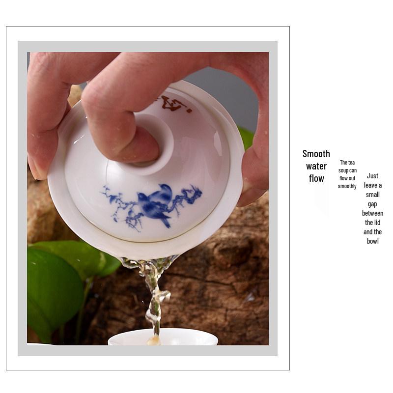 3.4-Inch Blue & White Ceramic Gaiwan Tea Set - 3-Piece, 100ml Capacity