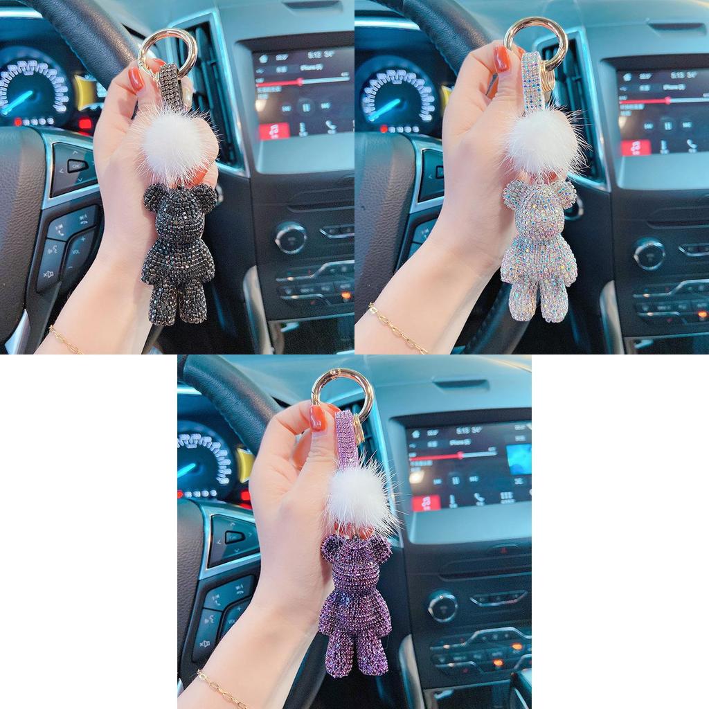 New Arrival Fur Full Diamond Violent Bear Car Keychain Crystal Rope Key Ring Bag Pendant Fashion Accessory