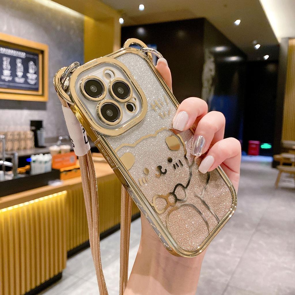 Crossbody Compatible iPhone 14 Case Apple 15 Cute Bear Electroplated Glitter 16 Full Coverage 13 Lanyard Phone Case