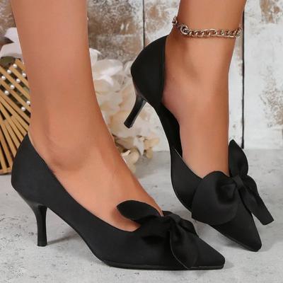 Zapatos de Mujer Moda 2024 Slip on Zapatos de Salón de Mujer Punta Afilada Flock Sólido Nudo de Mariposa Boca Baja Tacón Medio Zapatos de Vestir