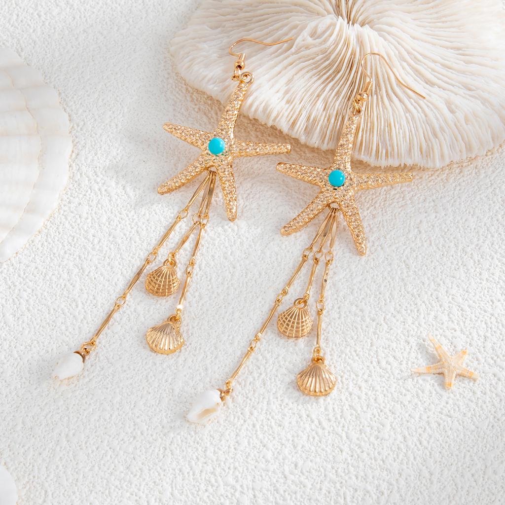 Ingemark Boho Starfish Conch Long Tassel Drop Earrings for Women Trend Creative Beach Vacation Gold Color Earrings Charm Jewelry