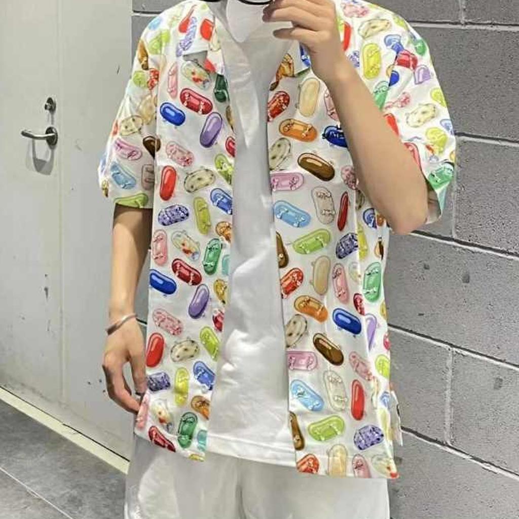 Li-Ning X Phil Hackett Artist Collaboration Series Geometric Cartoon Print Short-Sleeve Button-Up Shirt Men Tops Multicolor ASHS461-1