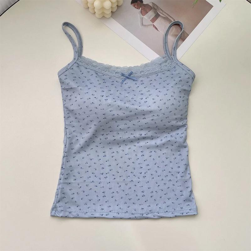 Sommerliche Crop-Tops mit Print für Damen Schleife Spitze Camisole Sexy Rückenfreies Weste mit Polsterung Basic Tanktop Bm Style Streetwear