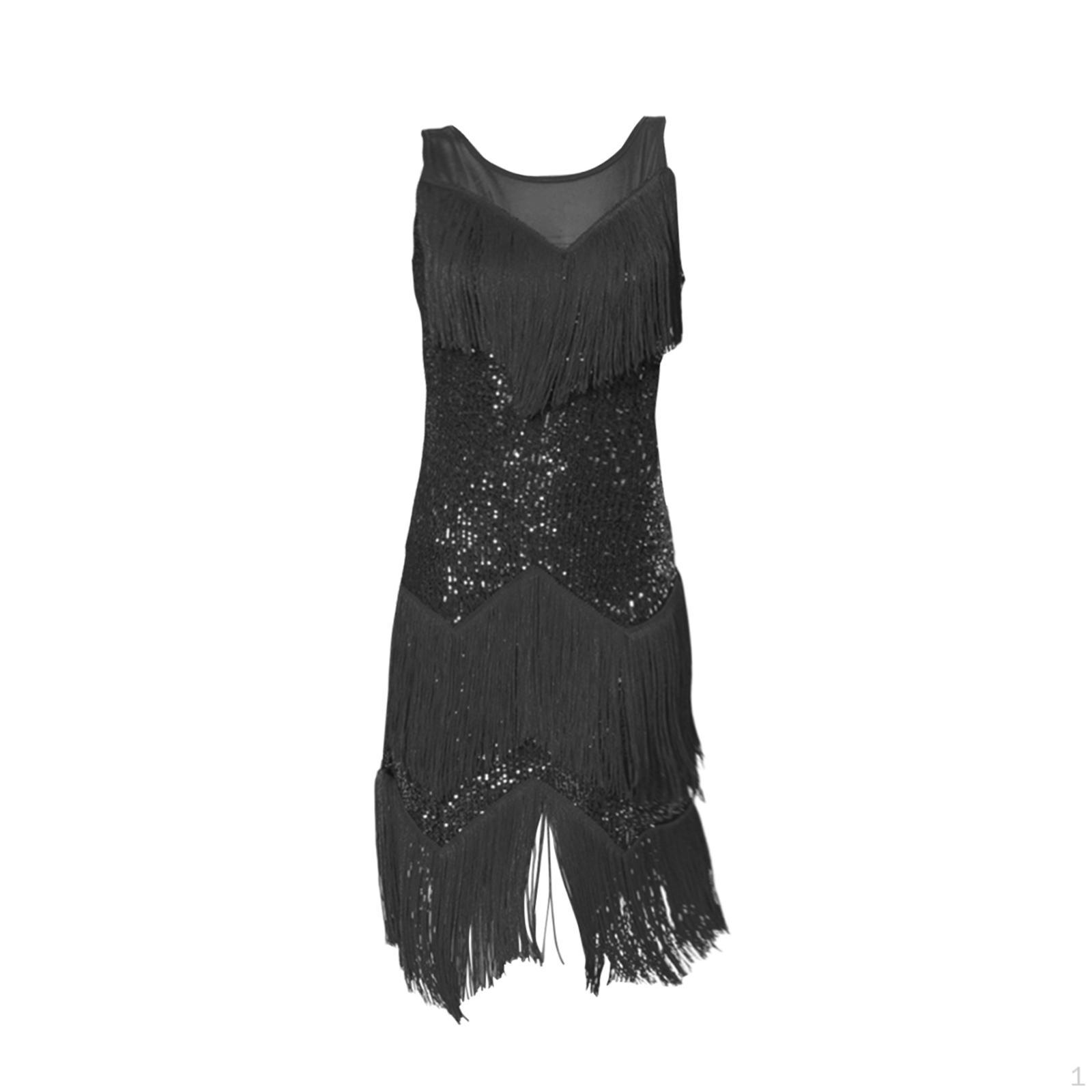 

Элегантное платье для латинских танцев с мерцающими пайетками и юбкой с бахромой Black XL