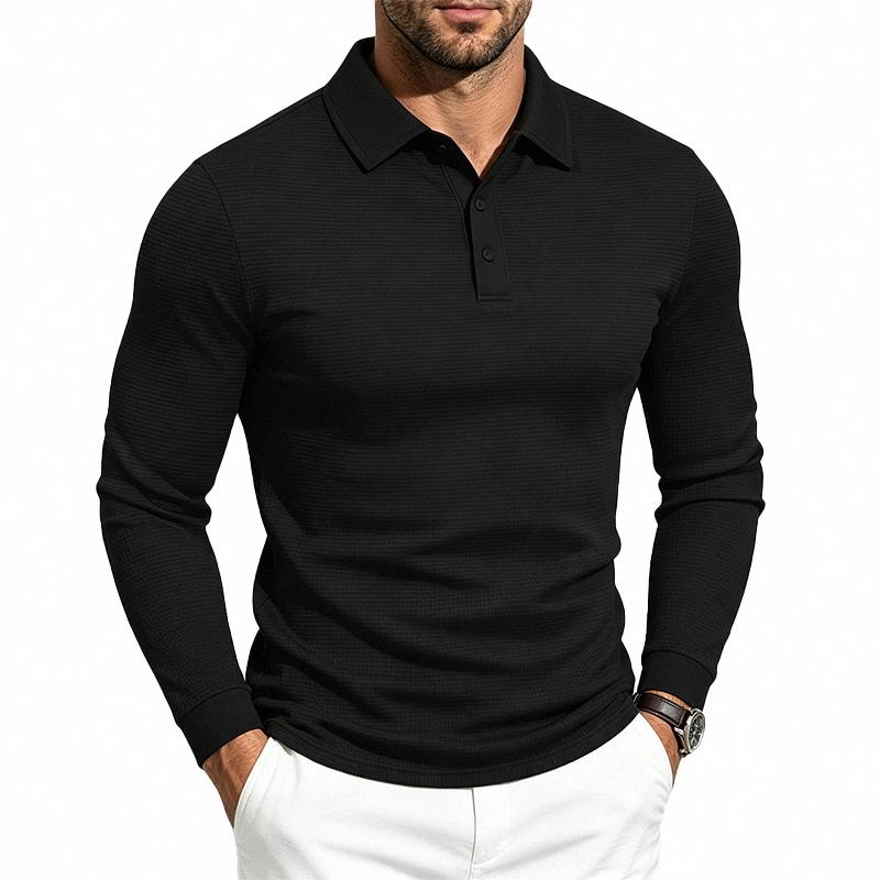 Men S Vintage Casual Waffle Knit Long Sleeve Polo Shirt