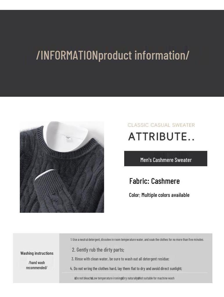 Men's Vintage Cable Knit 100% Pure Cashmere Sweater - Heavyweight, Crew Neck, Light Luxury Texture