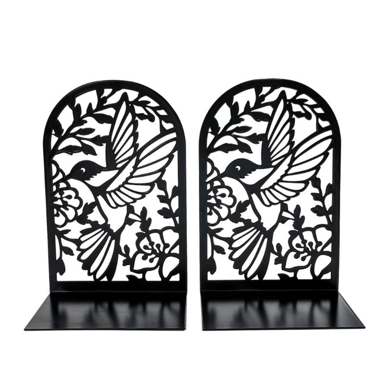 2Pcs Book Ends for Shelves Hollowed Bird Flower Metal Bookends Heavy Duty Book End Decorative Book Stoppers for Shelves