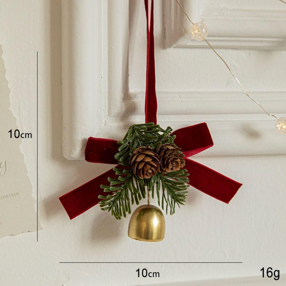 New Christmas Red Velvet Bow Pendant Fabric Gold Tree Hanging Ornament Pine Cone Bell Decoration Supplies Small Bell Pendants