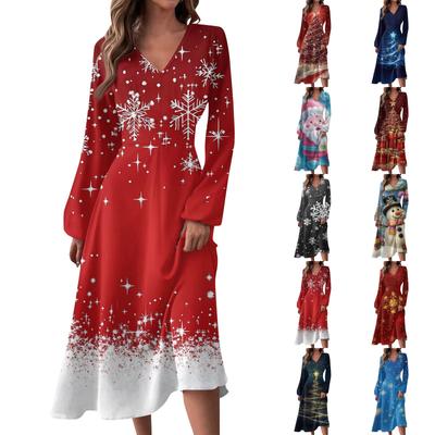 Women's Autumn And Winter Casual Fashion V-neck Long Sleeve  Print Long Dress