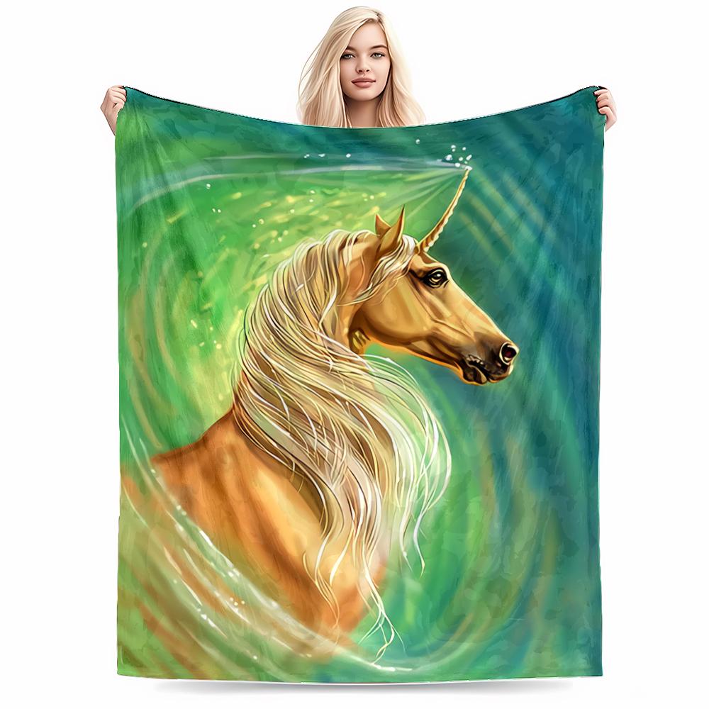 Majestic Golden Unicorn Pattern blanket with Green Swirling Background blanket, suitable for use in the bedroom, living room, on the sofa