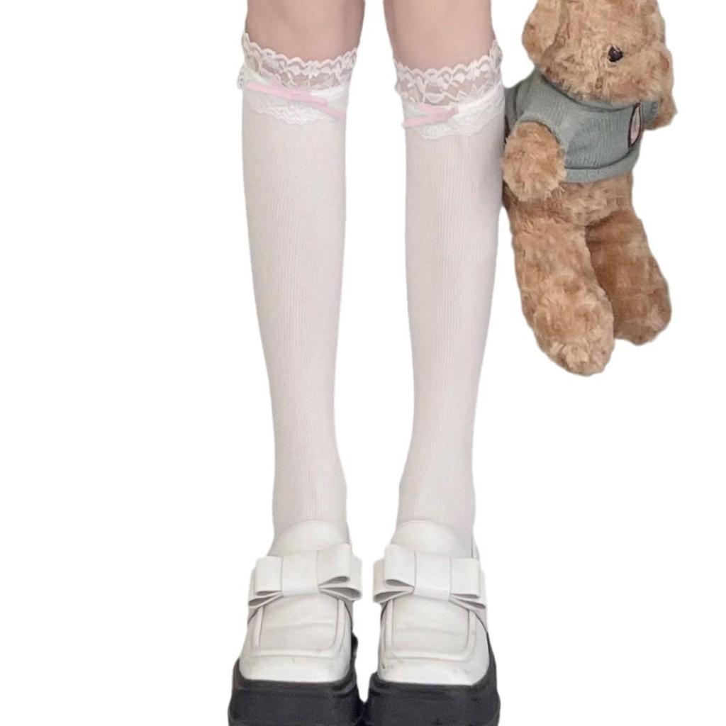 Japońskie Białe Koronkowe Skarpetki Podkolanówki z Kokardą z Aksamitu
