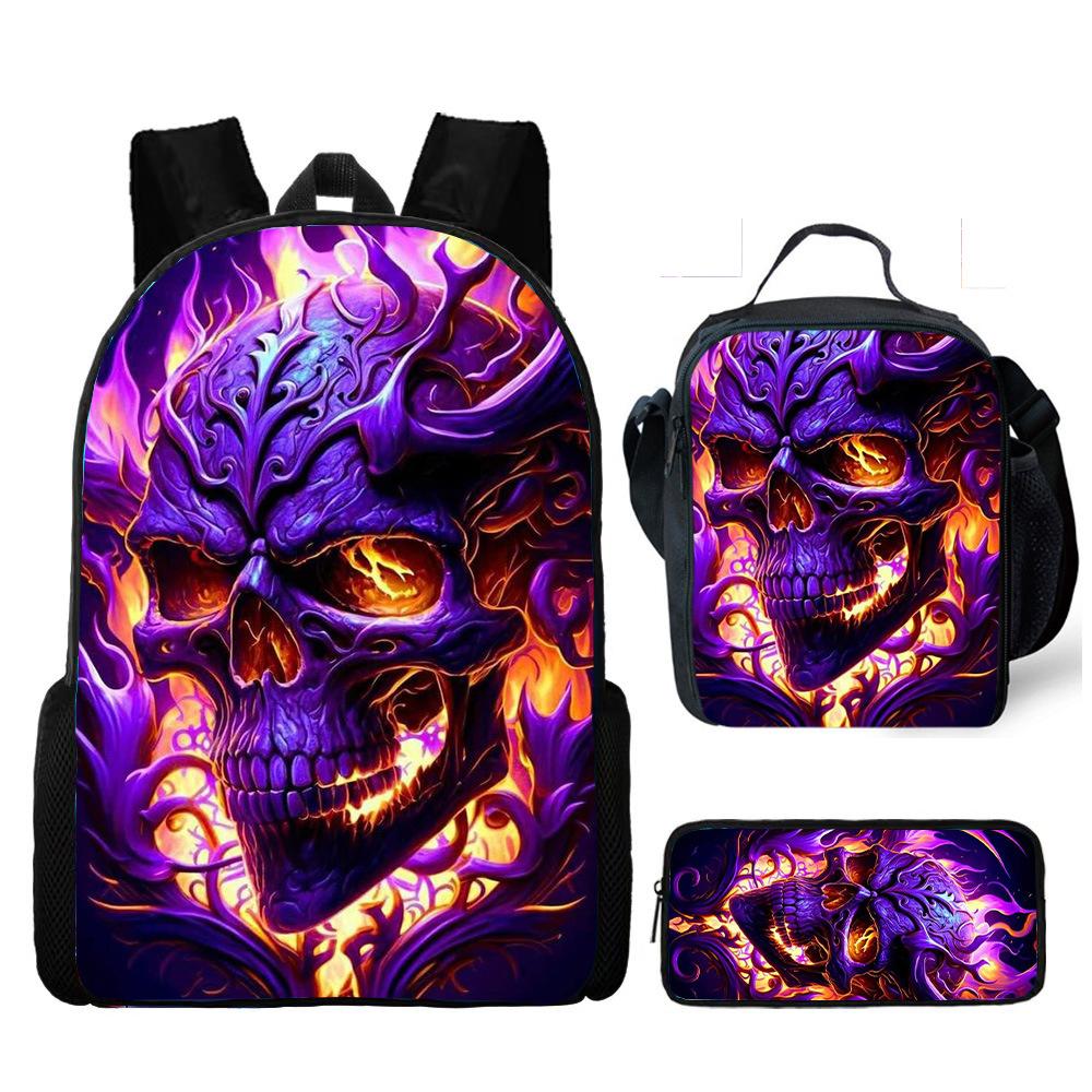 Hot Selling Skull Backpack Three Piece Set Printed Primary and Secondary School Backpack Meal Bag Pencil Case