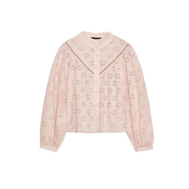 

Autumn New Women s Clothing Laminated Decoration Cotton round Neck Cut Out Embroider Long Sleeve Shirt Top 8741230 Pale pink L