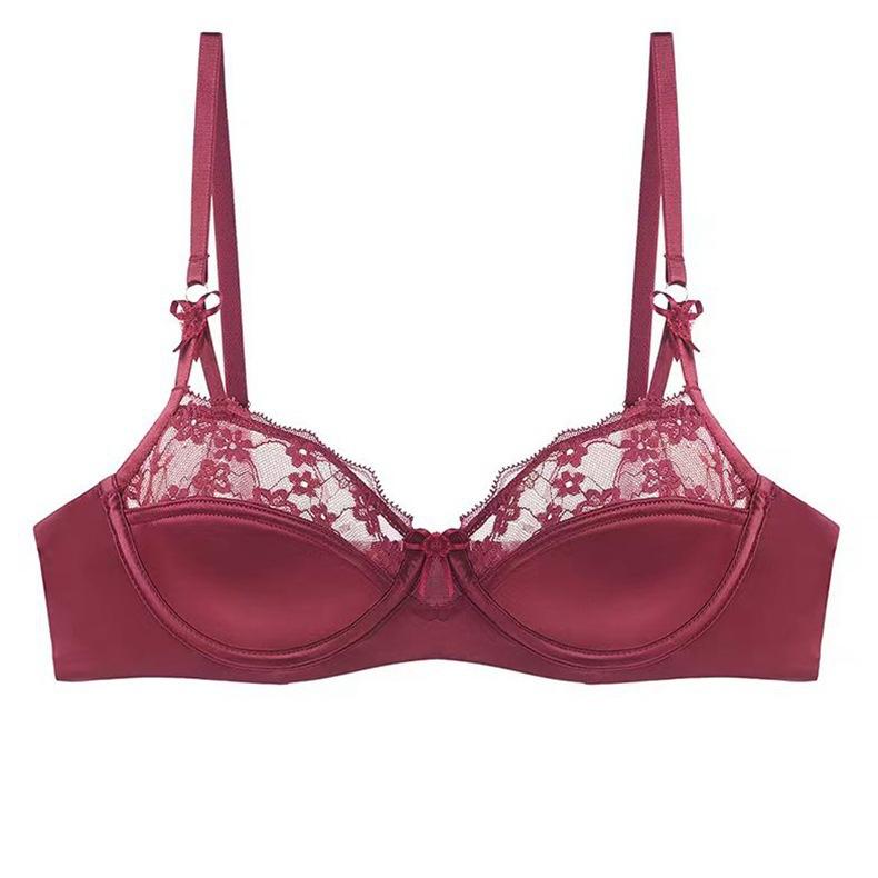 Sexy Französisches Sternzeichen Jahr Rotes Spitzen-Dünnbaumwoll-BH-Set, Brustminimierer Anti-Hänge-Vollbrust Damen-Dessous-Set