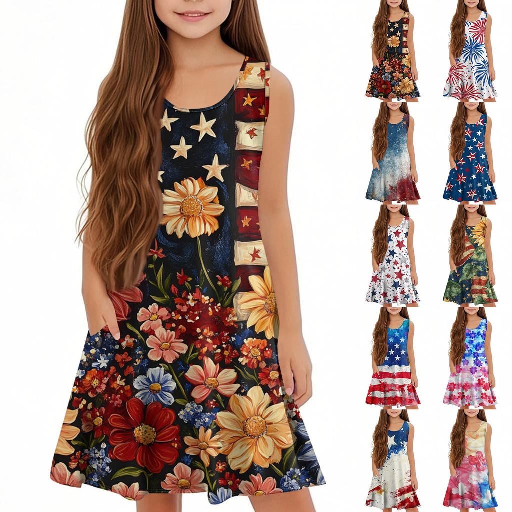 Children's Sleeveless U-neck Summer A-line Casual Independence Day Dress