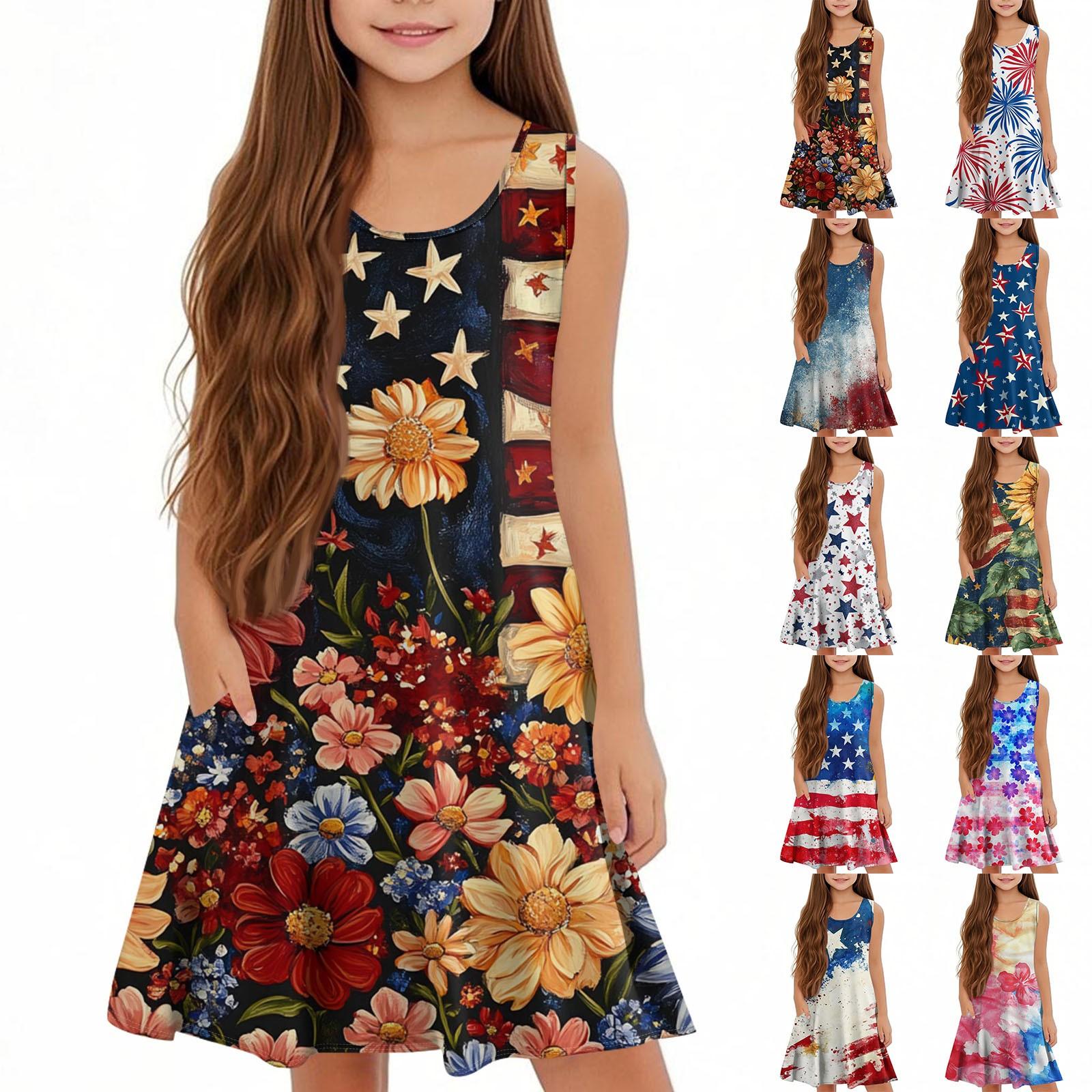 

Children s Sleeveless U-neck Summer A-line Casual Independence Day Dress 120 хакі