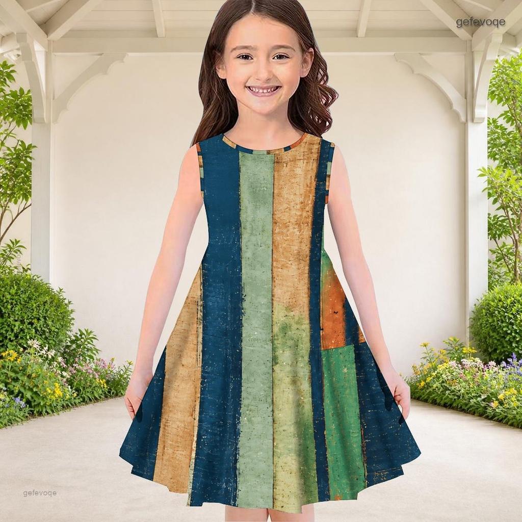 Girls Round Neck Sleeveless Printed A Line Flared Hem Dress