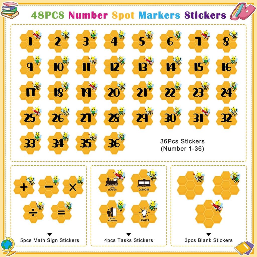 FLYAB Line up Spots for Classroom Floor Stickers - 48Pcs Bee Number Stickers Floor Numbers for Classroom Lining up for Back to School Kindergarten