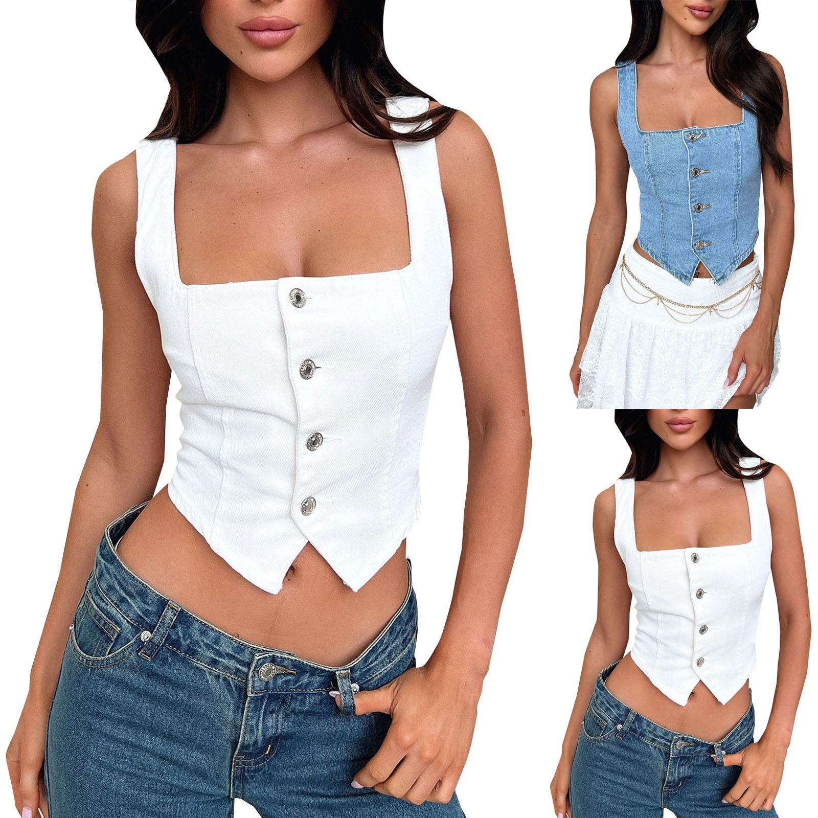 

Женский джинсовый жилет на пуговицах, однотонный топ на подтяжках L синий