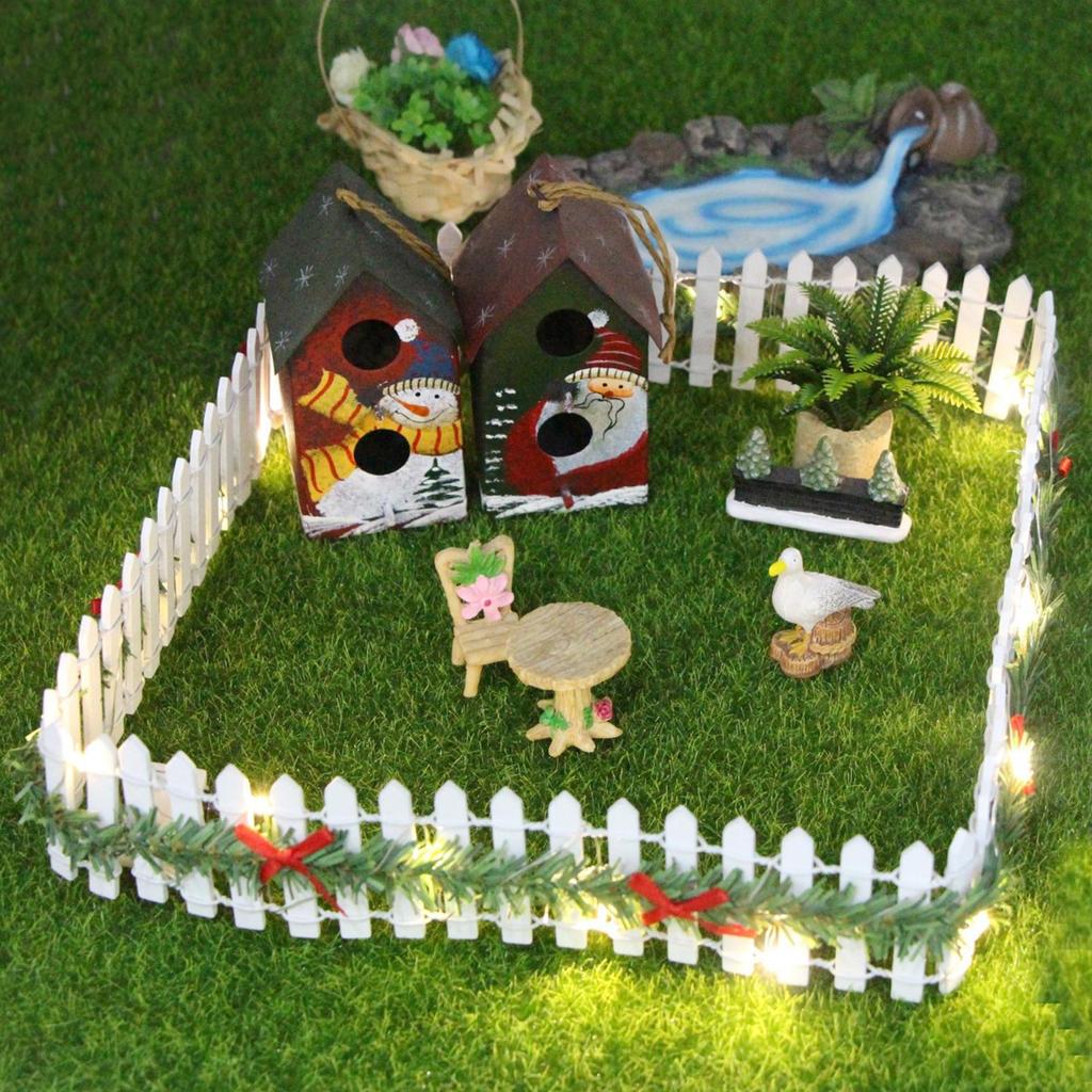 ChristmasElf Fairy Garden Miniature Wooden Fence Handmade LED Light String Vine Landscape Greenery Evergreen Prop