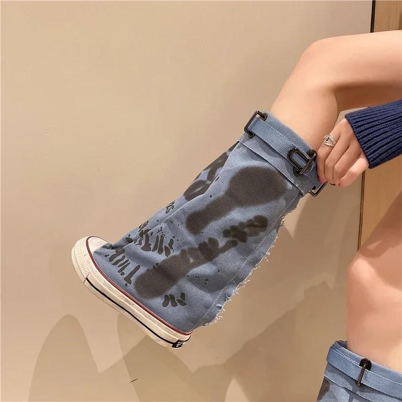 Fashion Women's Shoes Spring High Top Canvas Cowboy Boots Round Head Anti-slip Boots for Women Fashion Rubber Sole Leisure Shoes Zapatos
