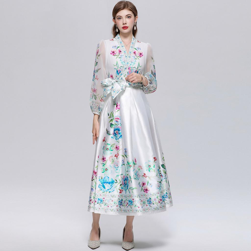 Wunderschönes Blumenwickel-Langarmkleid Damen V-Ausschnitt Laternenärmel Chiffon-Patchwork Dickes Satin-Band-Schnürgürtel Partykleid