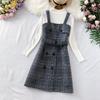 Herbst Winter Neue Lange Ärmel Gestrickte Pullover Pullover Tops + Tweed Mischung Plaid Kurzes Kleid 2 Stück sets Frauen Outfits mit Gürtel
