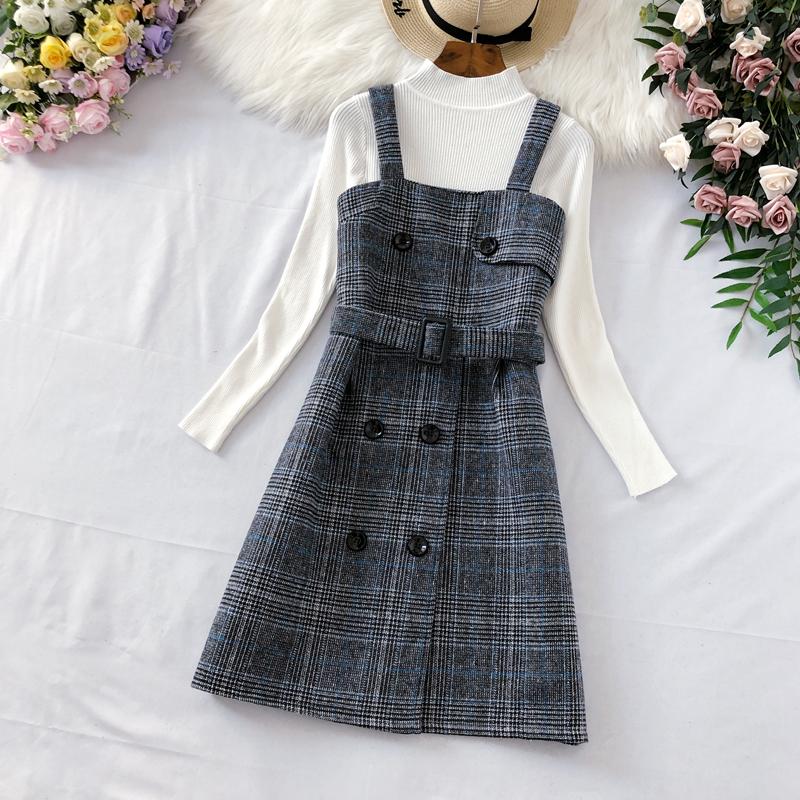 Herbst Winter Neue Lange Ärmel Gestrickte Pullover Pullover Tops + Tweed Mischung Plaid Kurzes Kleid 2 Stück sets Frauen Outfits mit Gürtel