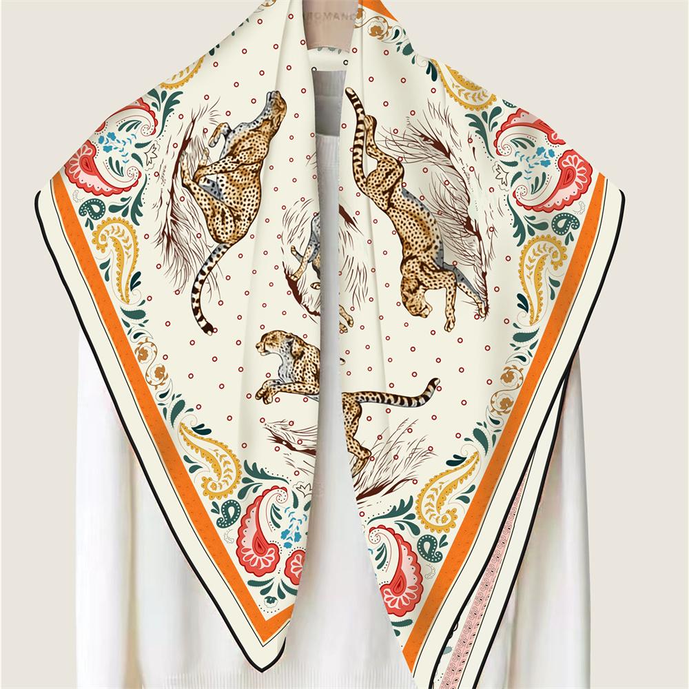 POBING Manual Hand Rolled Twill Silk Scarf Women Leopard Double Print Square Scarves Wraps Echarpes Foulards Femme Hijab 90CM